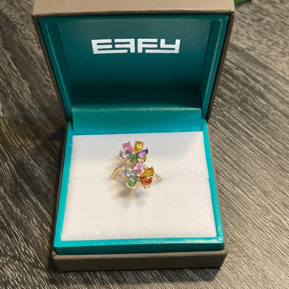 Effy 14k yellow gold diamond sapphire flower ring